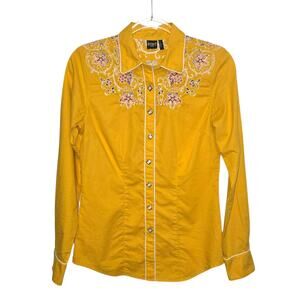 Cruel Denim Women's Western Pearl Snap Button Shirt Yellow Embroidered Floral  S